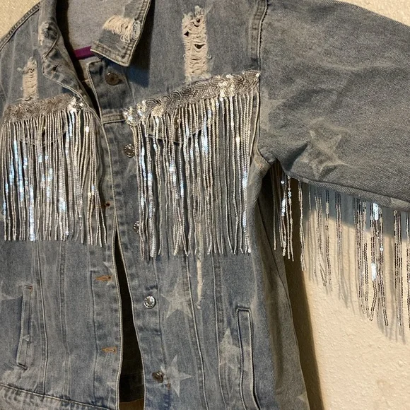 Jean Jacket- Stars & Shimmering Fringe - Picture 1 of 11